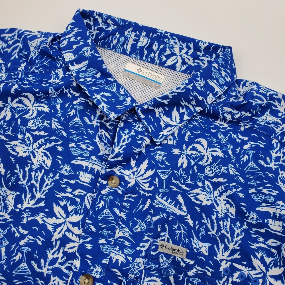 Columbia PFG Mens Blue‎ Tropical Hula Marlin Fishing Shirt Large. XM0693